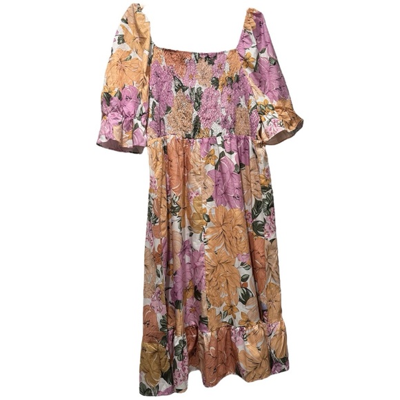 Plus Floral Print Shirred Ruffle hem midi Dress spring summer square neck - Picture 4 of 7
